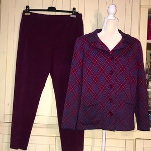 STIZZOLI Italy 100% Wool Knit 2 Piece Pants Suit Set Purple Check SZ 22